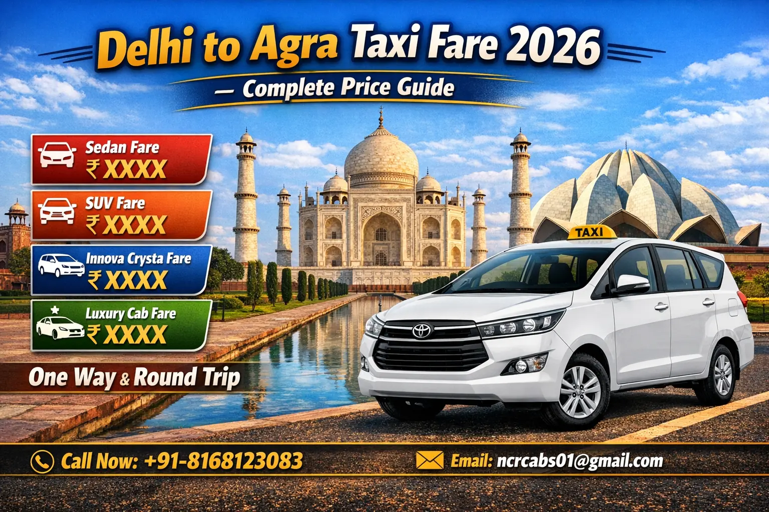 Delhi to Agra Taxi Fare 2026 — Complete Price Guide