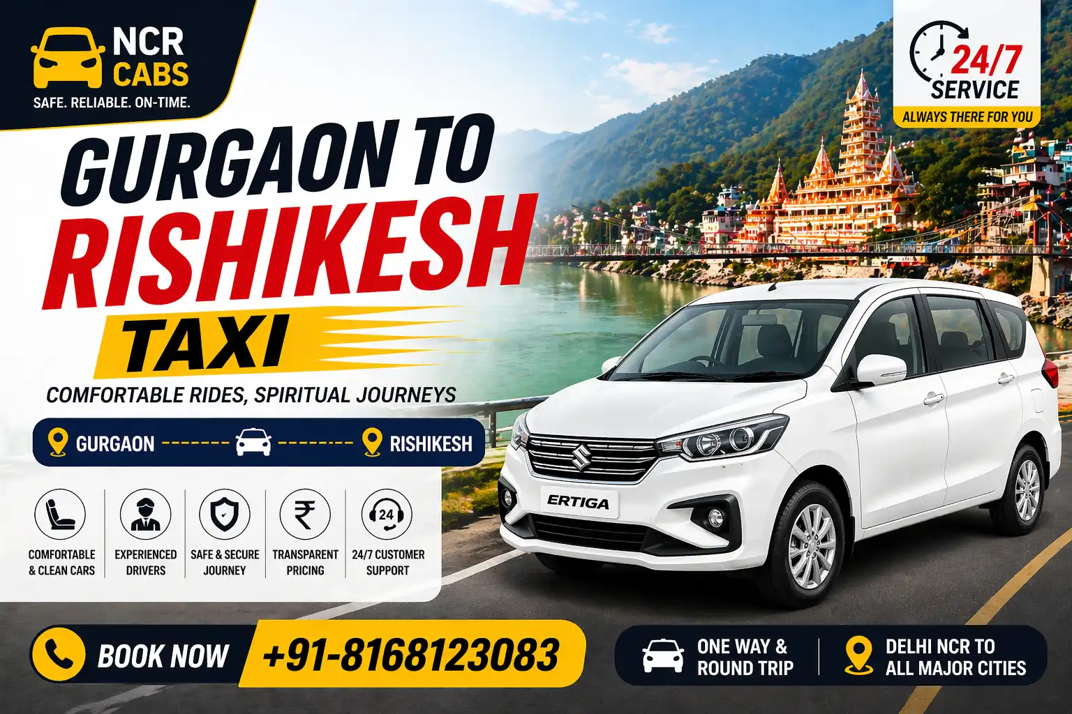 Gurgaon to Rishikesh taxi — NCR Cabs cab at Laxman Jhula Rishikesh Ganges river